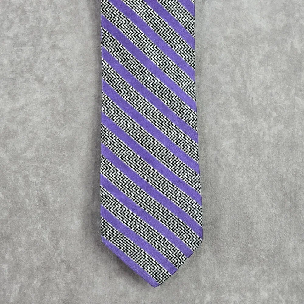 DKNY Purple Houndstooth Stripe Geometric Executive Black White Neck Tie Men's